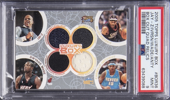 2005-06 Topps Luxury Box "Box Out Quad Relics" #BOR36 Jay-Z, Allen Iverson, Dwyane Wade and Carmelo Anthony Quad Jersey Relic Card (#116/193) - PSA MINT 9